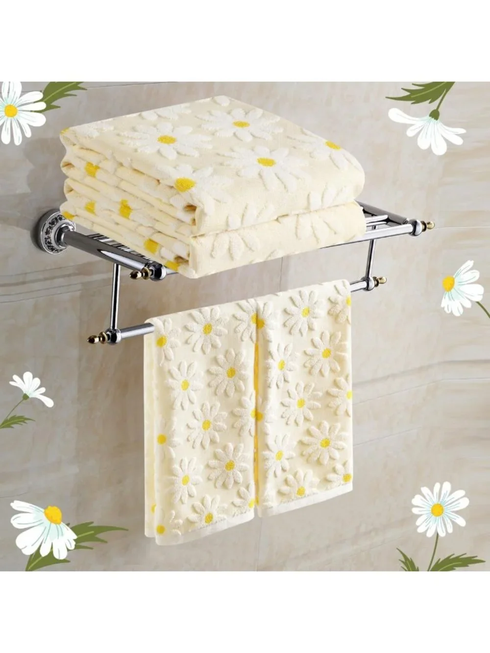 Floral Yellow Hand Towels Set | 2 Pack Cotton Daisy Bath & Kitchen Towels 13.7''